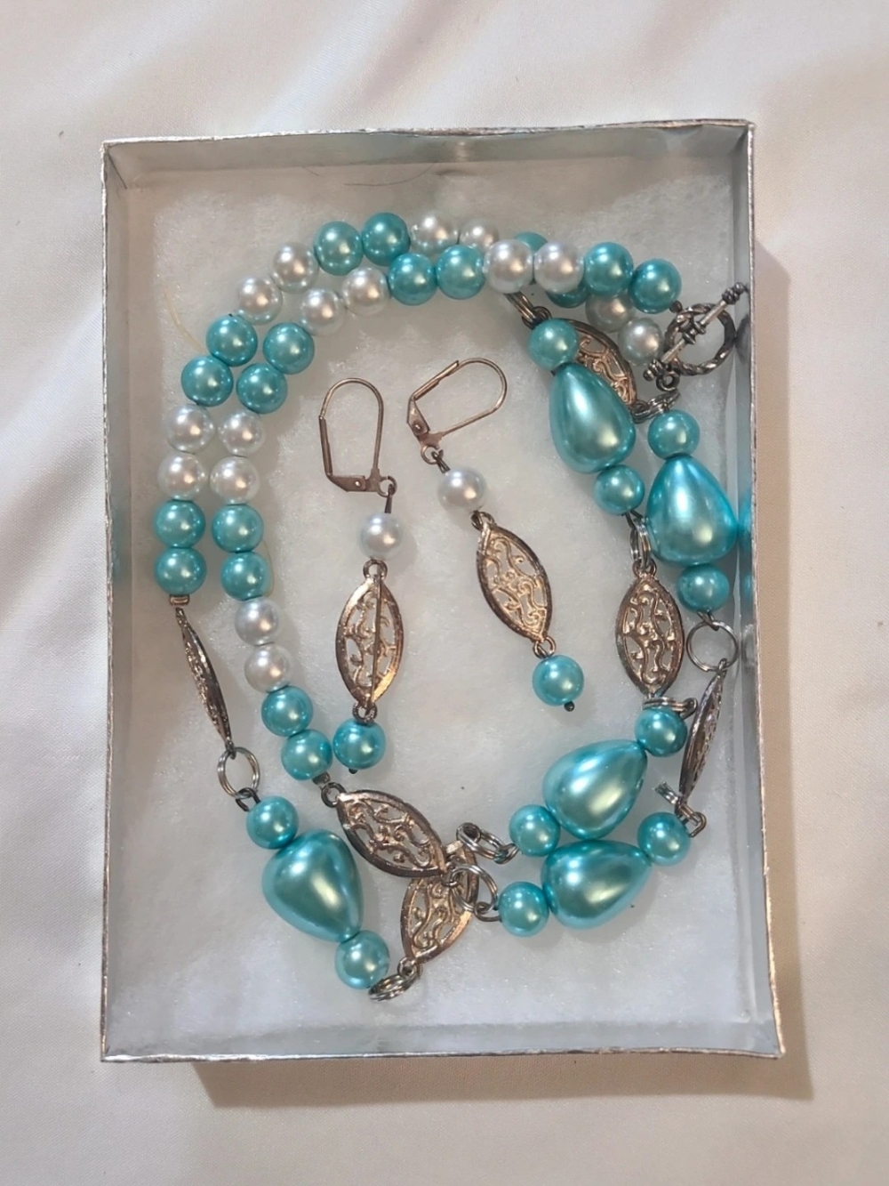 Turquoise and White Pearl Filigree Necklace and Earrings Set